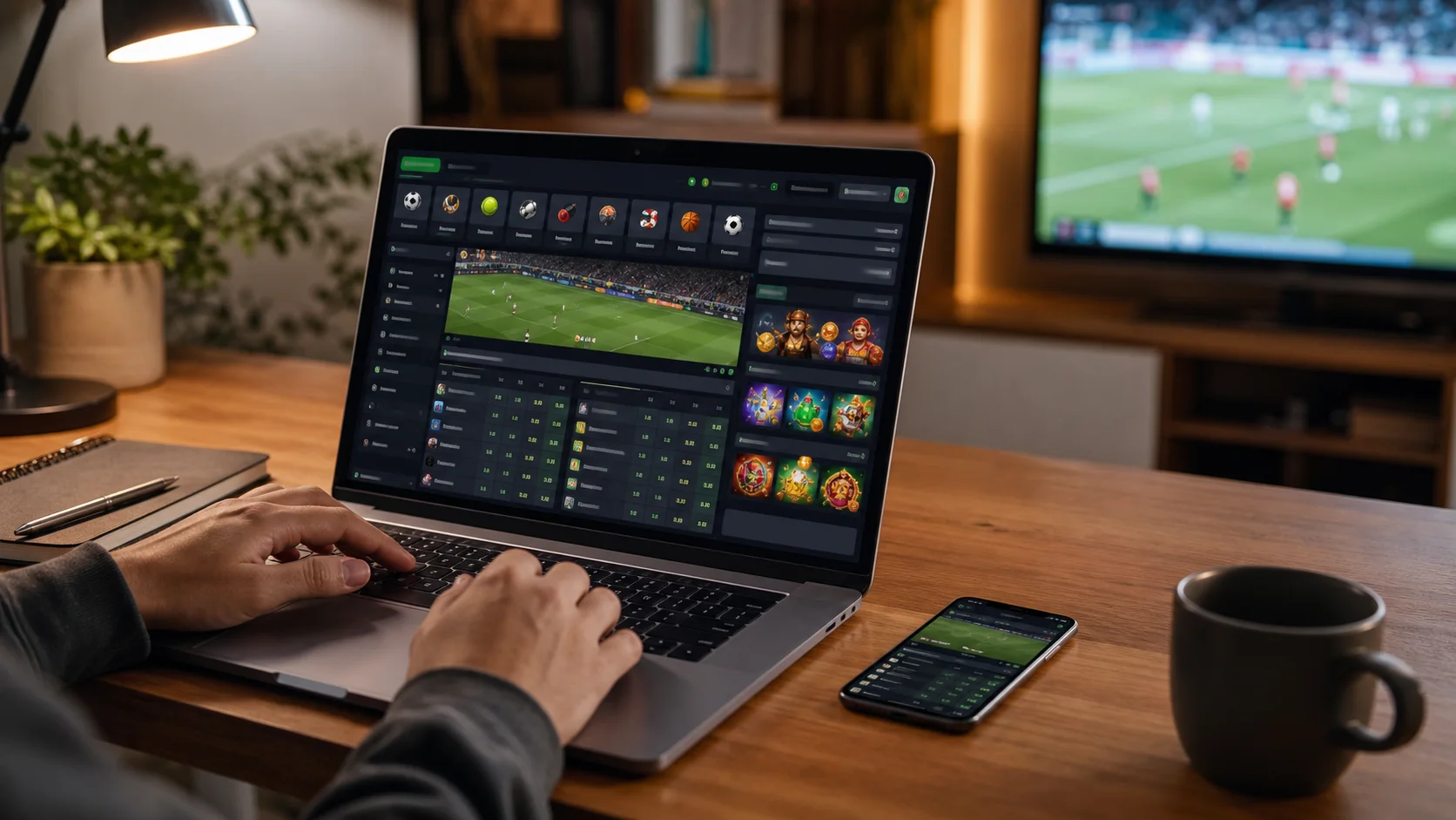 Plataforma mrgreen em notebook e celular com apostas esportivas e cassino online